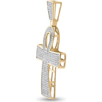 GND 10K Yellow Gold Ankh Cross Pendant with Prong-Set Round Diamonds - 0.70 Carat Total Diamond Weight