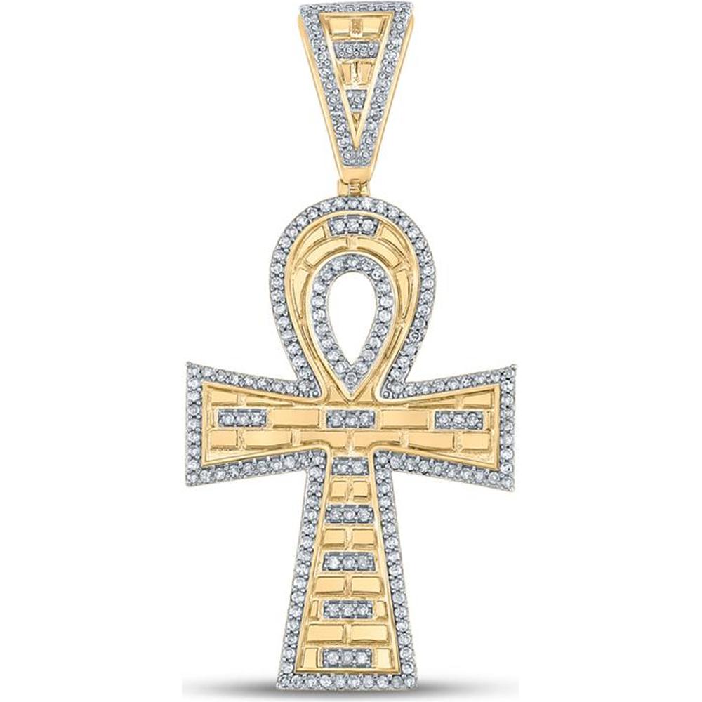 GND 10K Yellow Gold Ankh Cross Pendant with Prong-Set Round Diamonds - 1/2 Total Carat Weight