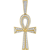 GND 10K Yellow Gold Ankh Cross Pendant with Prong-Set Round Diamonds - 1.75 Carat Total Diamond Weight