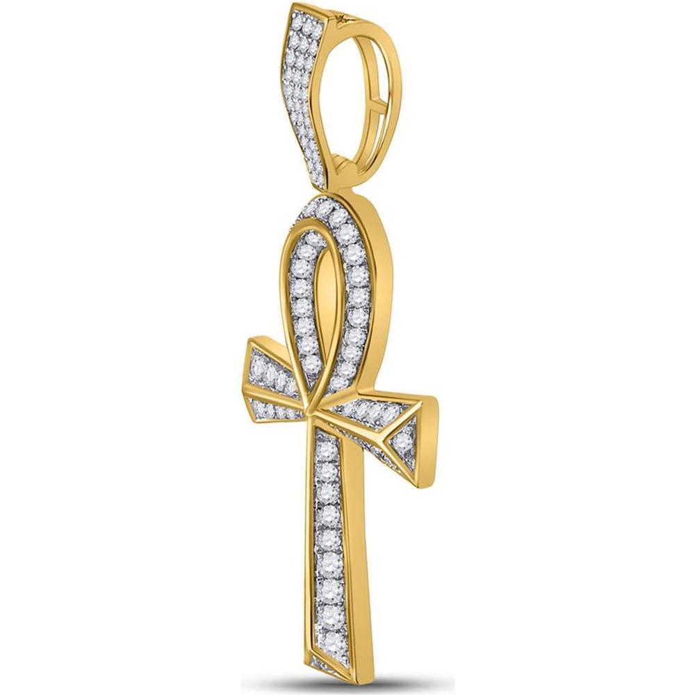 GND 10K Yellow Gold Ankh Cross Pendant with Prong-Set Round Diamonds - 1.75 Carat Total Diamond Weight