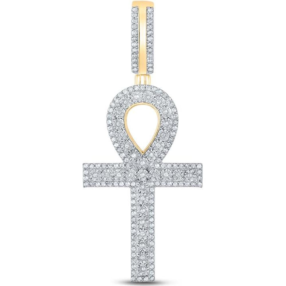 GND 10K Yellow Gold Ankh Cross Pendant with Prong-Set Round Diamonds - 3/8 Carat Total Diamond Weight