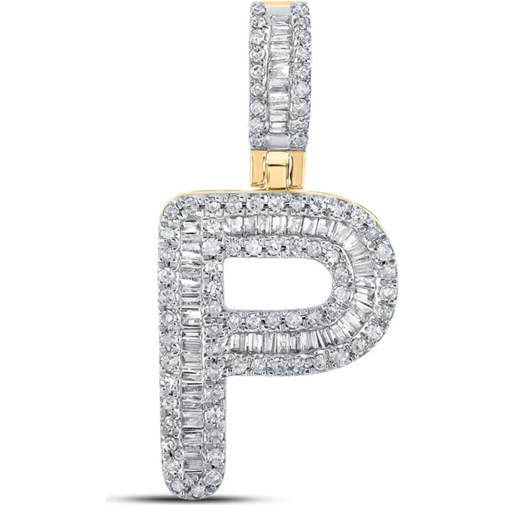 GND 10K Yellow Gold Baguette and Pave Diamond 'P' Initial Pendant - 3/8 Total Carat Weight