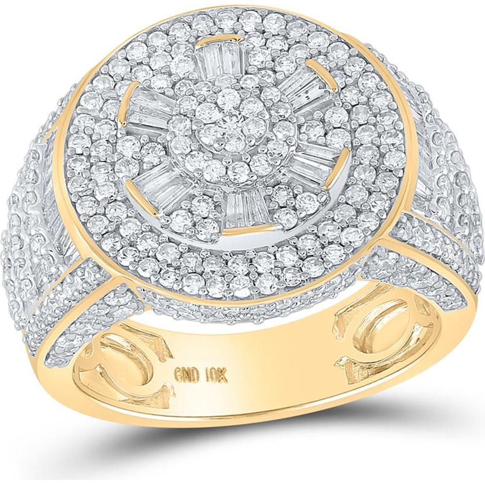 GND 10K Yellow Gold Baguette and Round Diamond Circle Cluster Ring - 2.87 Carat Total Diamond Weight