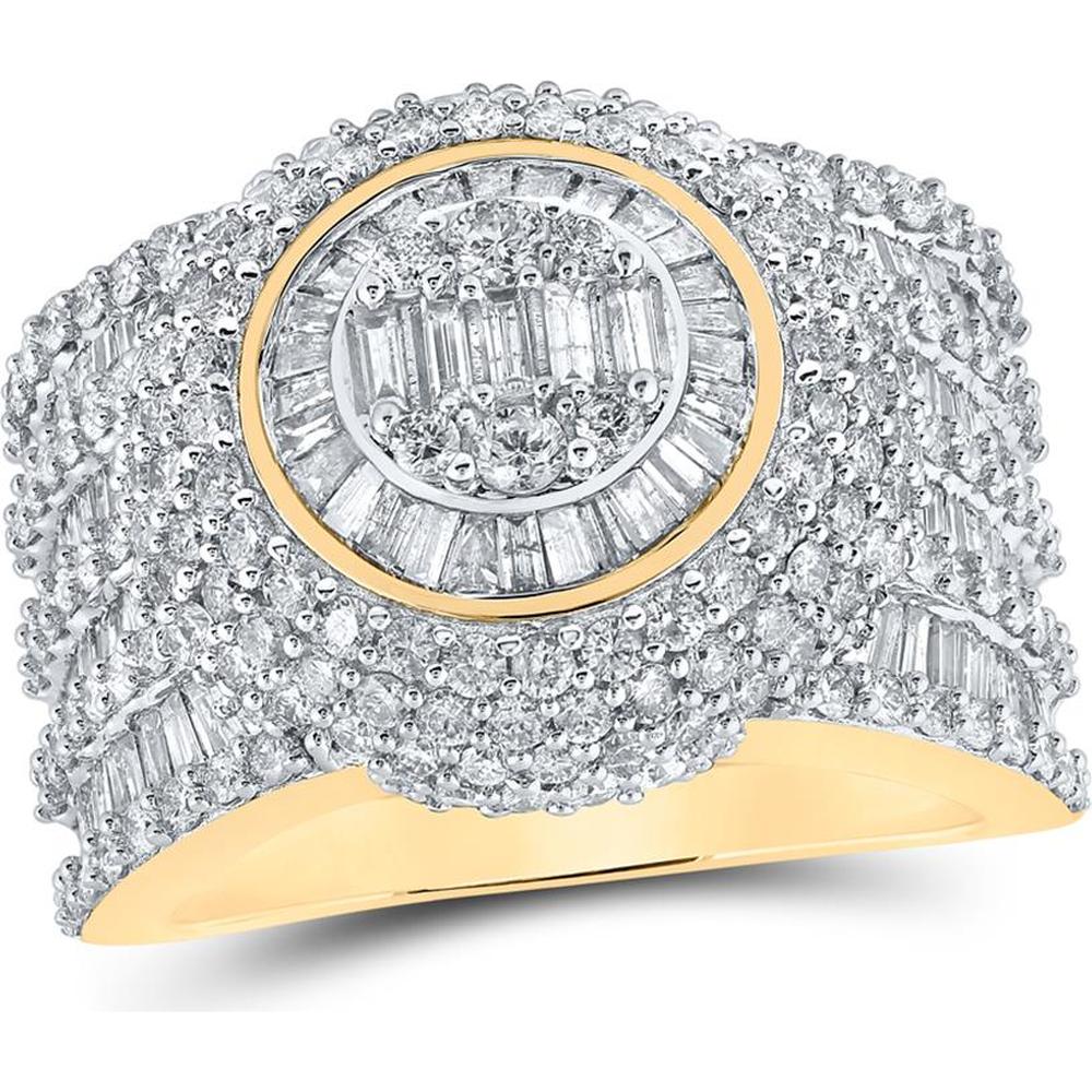 GND 10K Yellow Gold Baguette and Round Diamond Circle Cluster Ring - 4.00 Carat Total Diamond Weight