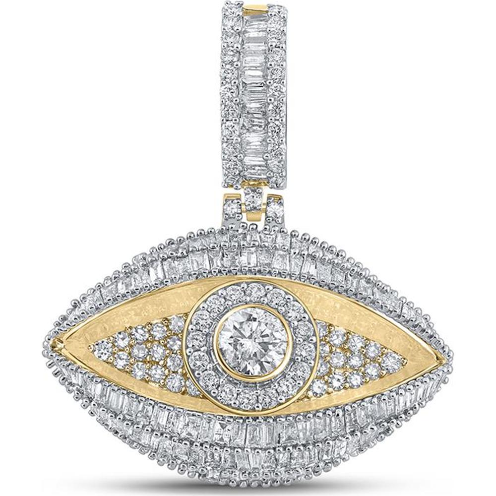 GND 10K Yellow Gold Baguette and Round Diamond Eye Charm Pendant – 3 Total Carat Weight