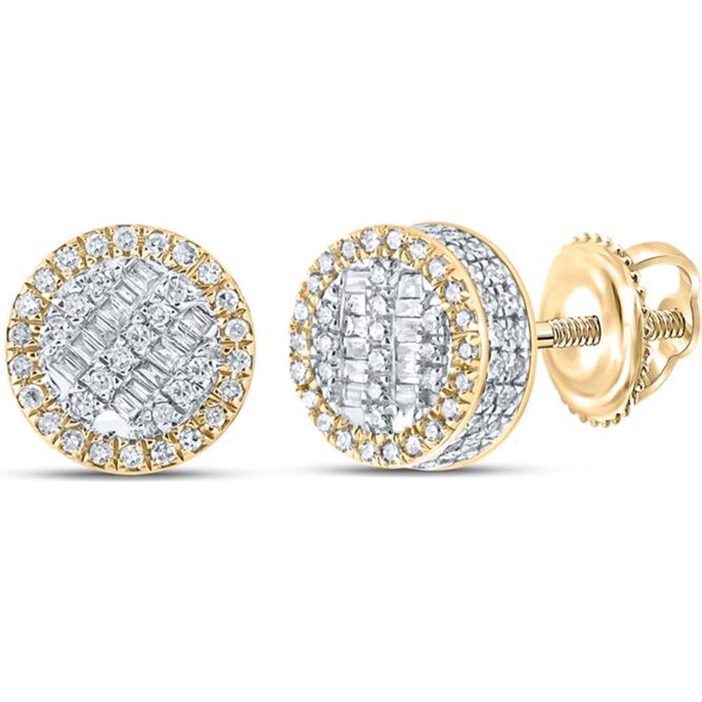 GND 10K Yellow Gold Baguette and Round Diamond Halo Stud Earrings - 0.50 Carat Total Diamond Weight