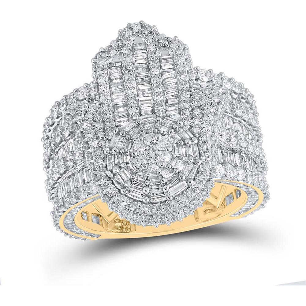 GND 10K Yellow Gold Baguette and Round Diamond Hamsa Cluster Ring with 6-3/8 Total Carat Weight