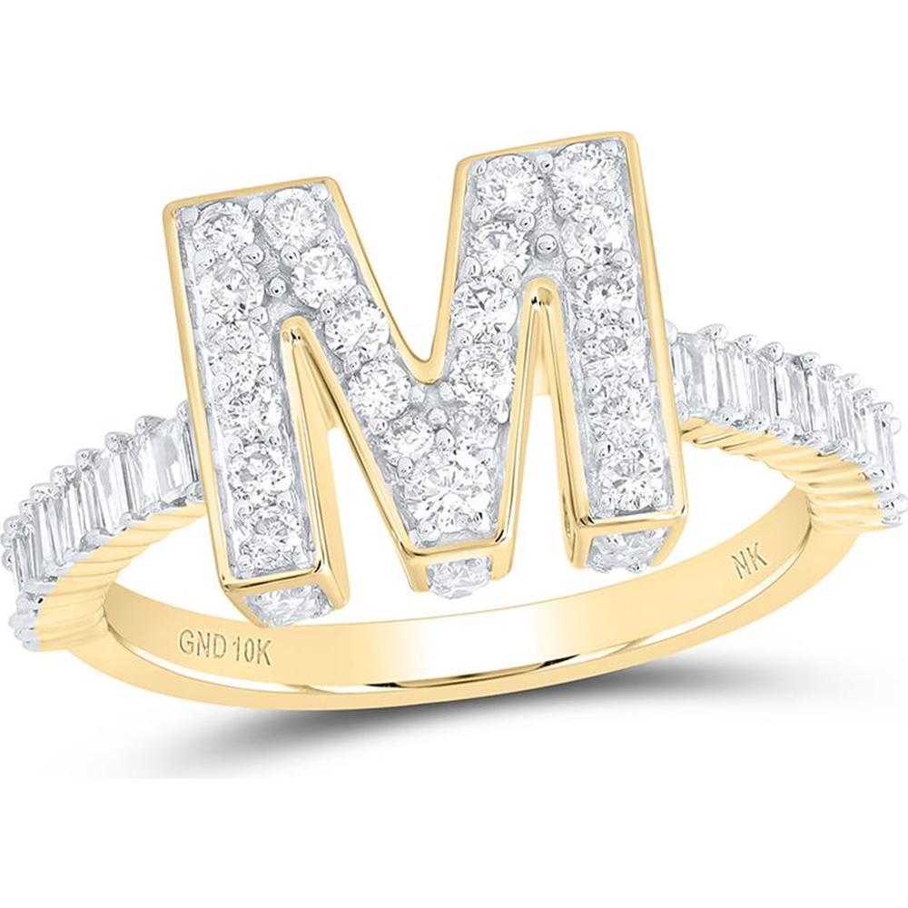 GND 10K Yellow Gold Baguette and Round Diamond Initial M Ring - 1.00 Carat Total Diamond Weight