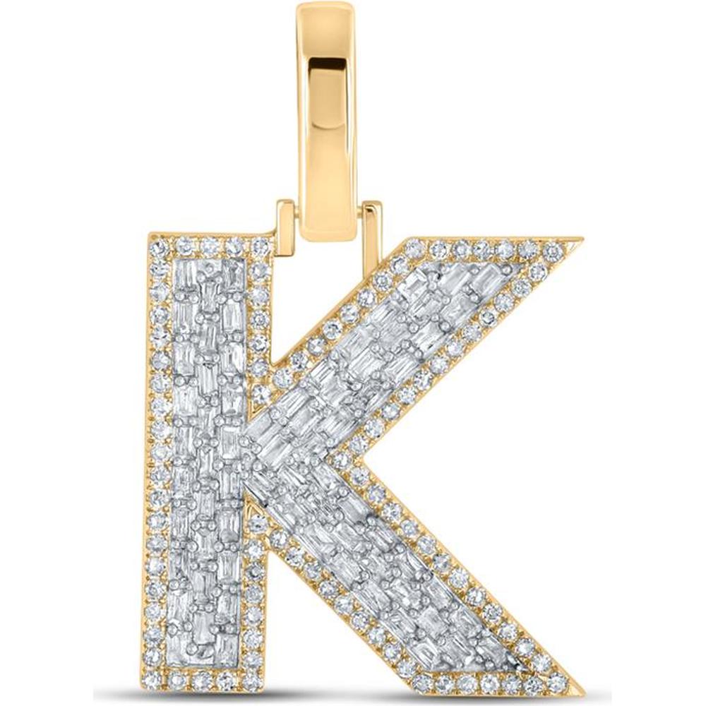 GND 10K Yellow Gold Baguette and Round Diamond "K" Initial Pendant - 1/2 Total Carat Weight