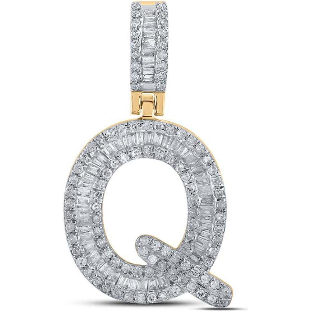 GND 10K Yellow Gold Baguette and Round Diamond Q Initial Pendant - 0.50 Carat Total Diamond Weight
