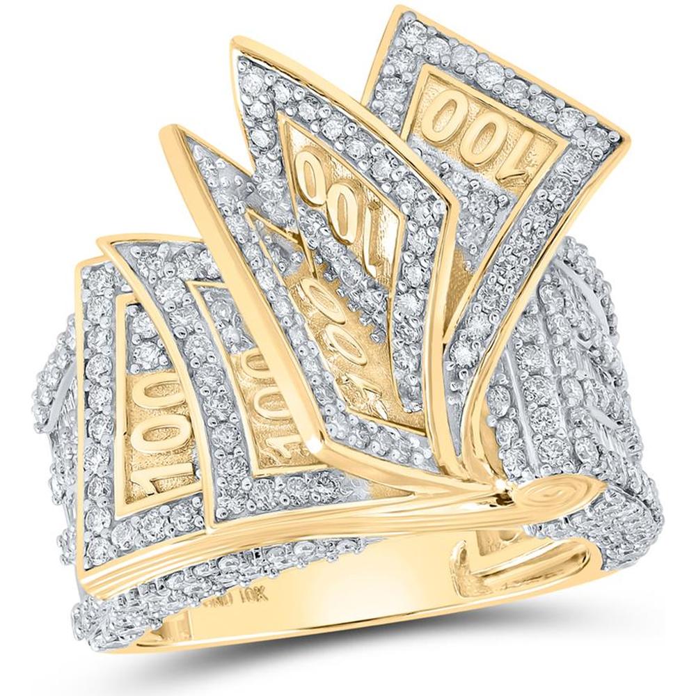 GND 10K Yellow Gold Band Ring with Channel-Set Baguette and Prong-Set Round Diamonds in 100 Dollar Bill Motif – 3-1/3 Total Carat Weight