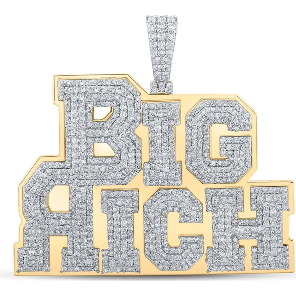 GND 10K Yellow Gold Big Rich Phrase Pendant with Prong-Set Round Diamonds – 3.37 Carat Total Diamond Weight