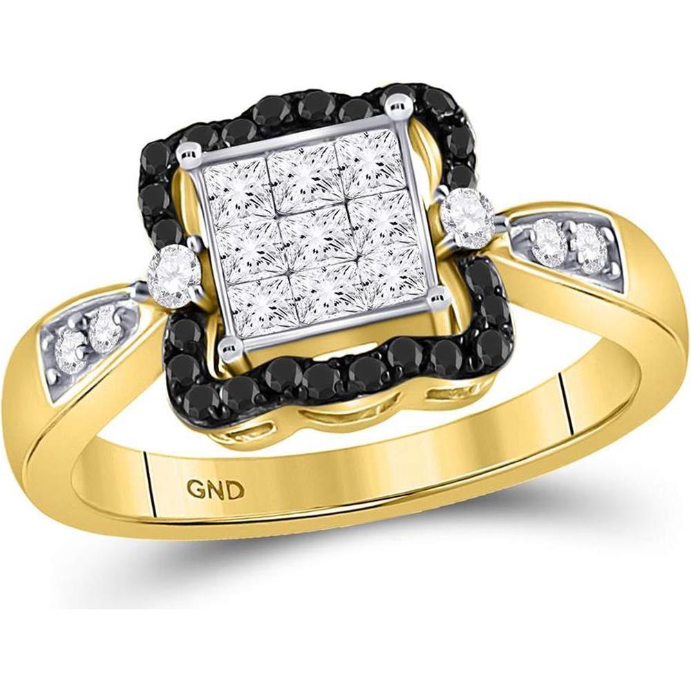 GND 10K Yellow Gold Black Diamond and Princess-Cut Diamond Cluster Ring - 3/4 Carat Total Weight