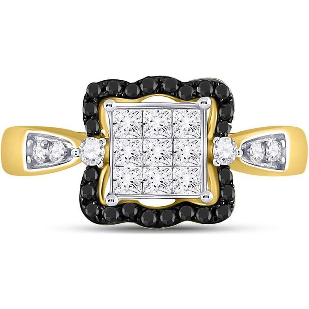 GND 10K Yellow Gold Black Diamond and Princess-Cut Diamond Cluster Ring - 3/4 Carat Total Weight