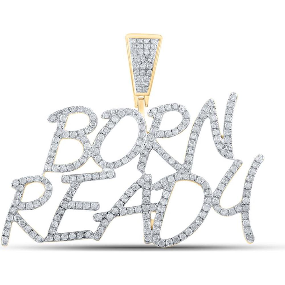 GND 10K Yellow Gold Born Ready Phrase Charm Pendant with Pave-Set Round Diamonds - 1.33 Carat Total Diamond Weight