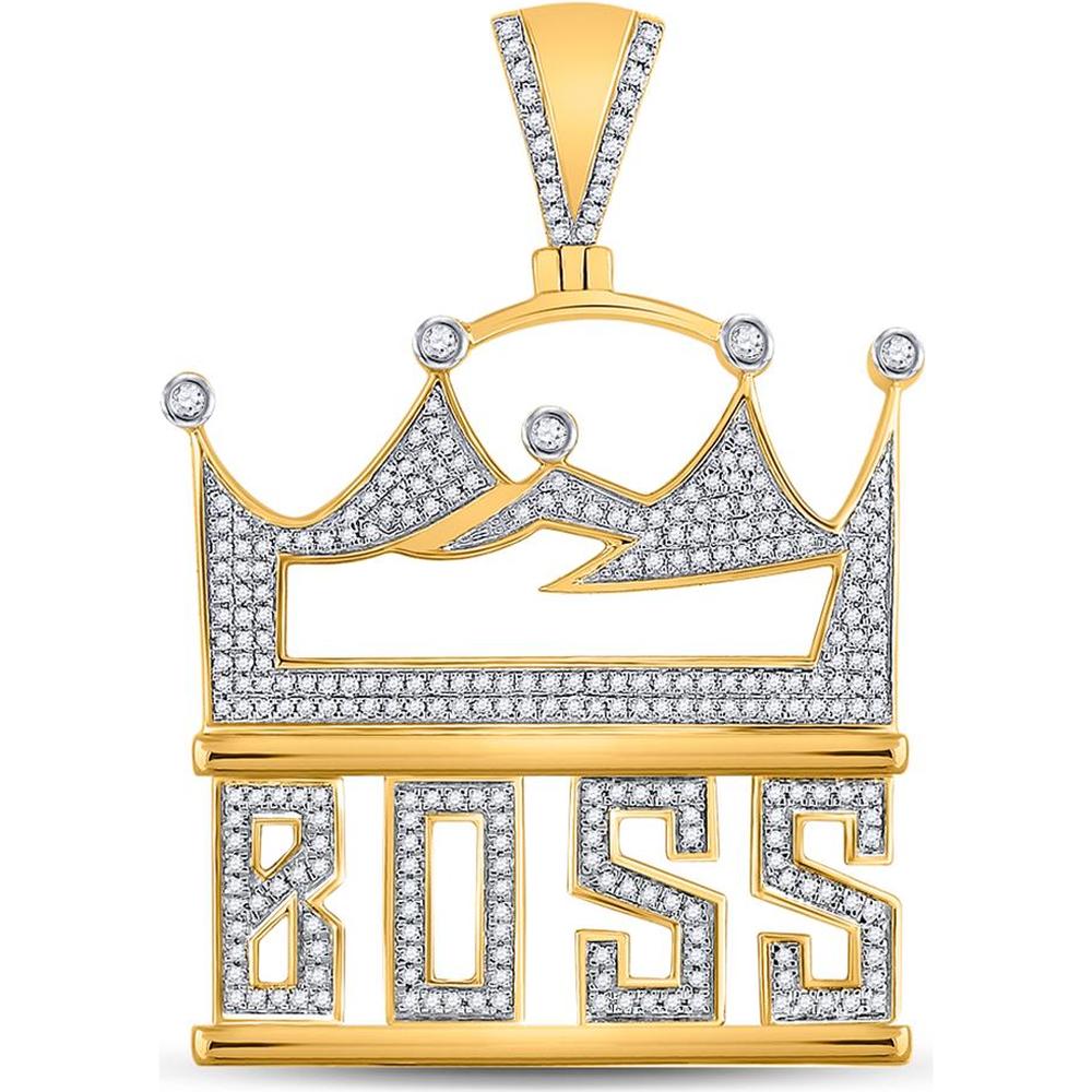 GND 10K Yellow Gold "Boss Crown" Phrase Charm Pendant with Pave and Bezel-Set Round Diamonds - 1.0 Carat Total Diamond Weight