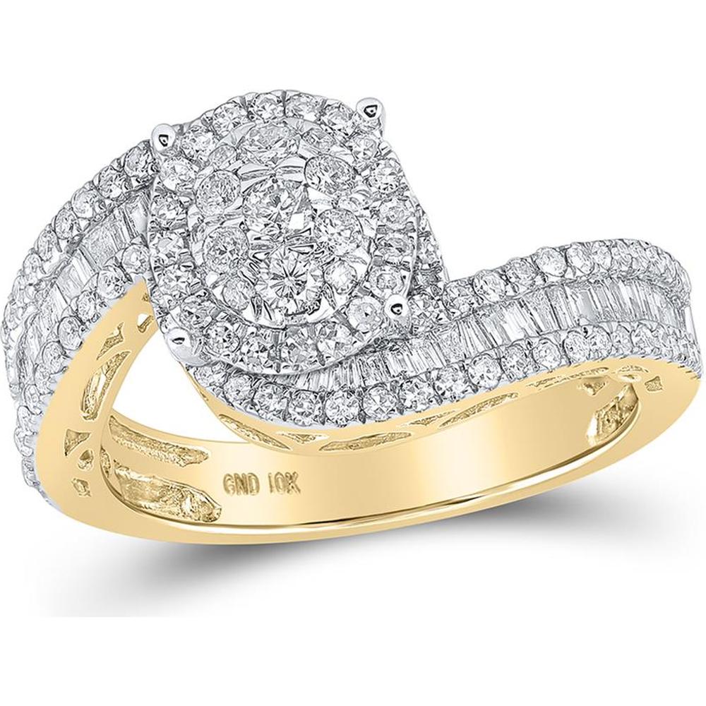 GND 10K Yellow Gold Bridal Engagement Ring with Round Diamond Cluster and Baguette Accents - 1.00 Carat Total Diamond Weight
