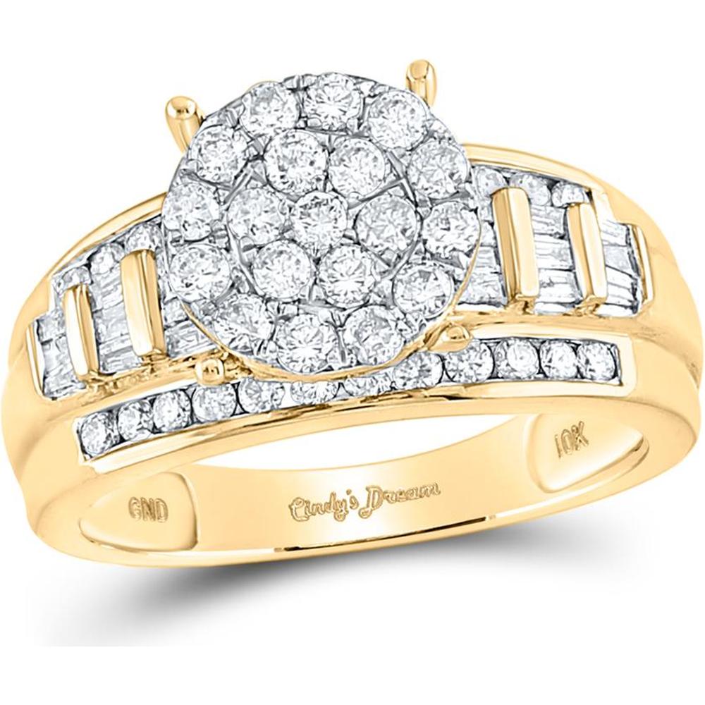 GND 10K Yellow Gold Bridal Engagement Ring with Round Diamond Cluster and Channel Set Baguette Diamonds - 1.00 Carat Total Diamond Weight