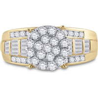 GND 10K Yellow Gold Bridal Engagement Ring with Round Diamond Cluster and Channel Set Baguette Diamonds - 1.00 Carat Total Diamond Weight