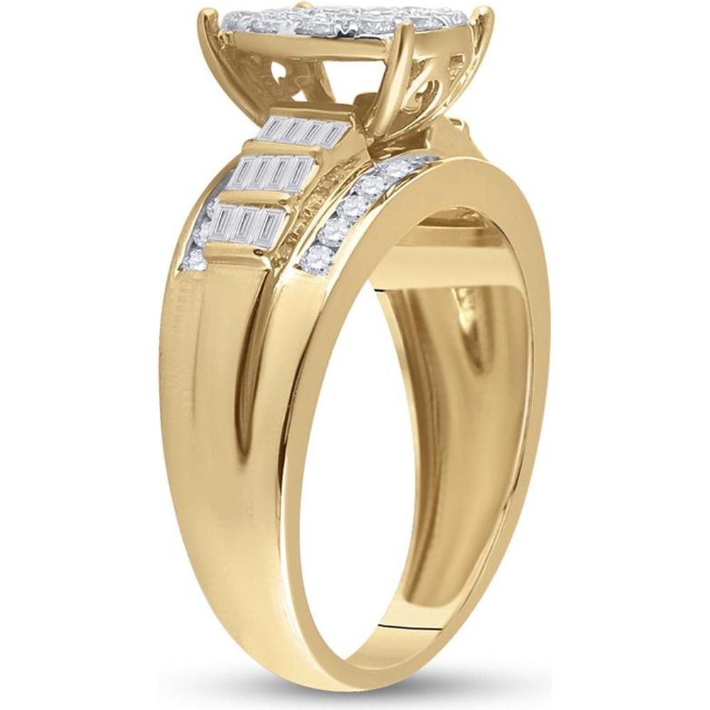 GND 10K Yellow Gold Bridal Engagement Ring with Round Diamond Cluster and Channel Set Baguette Diamonds - 1.00 Carat Total Diamond Weight