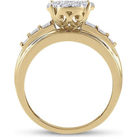 GND 10K Yellow Gold Bridal Engagement Ring with Round Diamond Cluster and Channel Set Baguette Diamonds - 1.00 Carat Total Diamond Weight