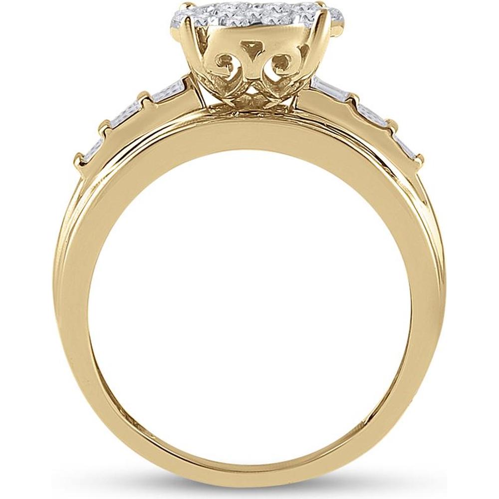 GND 10K Yellow Gold Bridal Engagement Ring with Round Diamond Cluster and Channel Set Baguette Diamonds - 1.00 Carat Total Diamond Weight