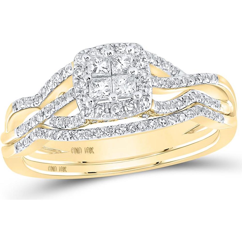GND 10K Yellow Gold Bridal Wedding Ring Set with Invisible-Set Princess and Pave Round Diamonds - 1/2 Carat Total Diamond Weight
