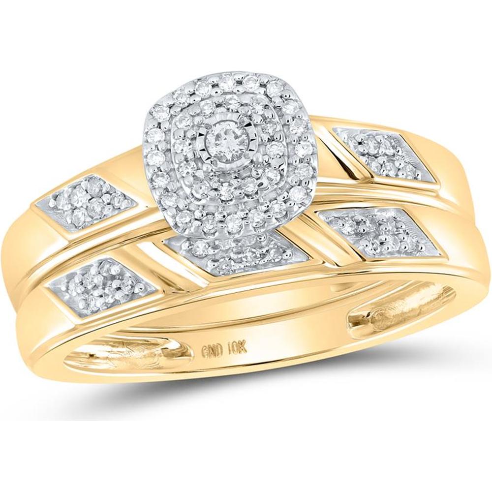 GND 10K Yellow Gold Bridal Wedding Ring Set with Prong-Set Round Diamonds in Halo Design - 1/6 Total Carat Weight
