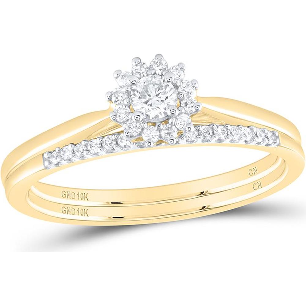 GND 10K Yellow Gold Bridal Wedding Ring Set with Round Diamond Halo and Pave Diamonds - 1/4 Carat Total Diamond Weight