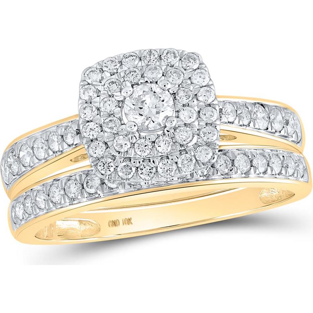 GND 10K Yellow Gold Bridal Wedding Ring Set with Round Diamonds and Halo Design - 3/4 Carat Total Diamond Weight