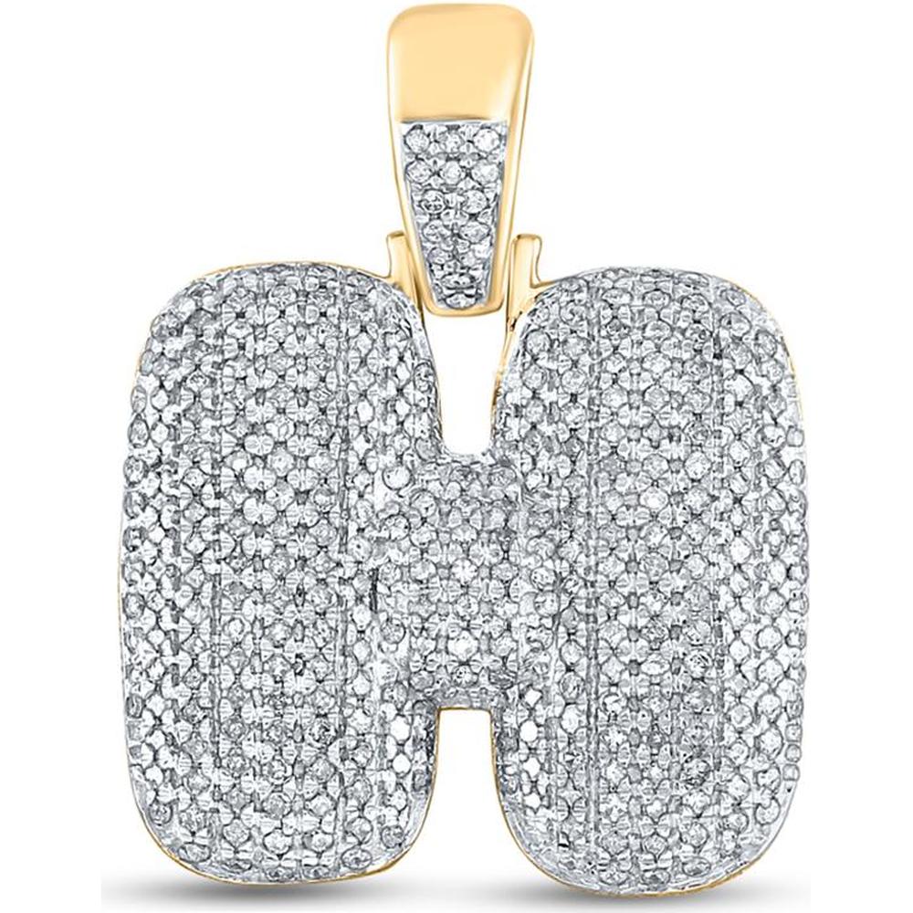 GND 10K Yellow Gold Bubble H Letter Charm Pendant with Pave-Set Round Diamonds - 0.93 Carat Total Diamond Weight