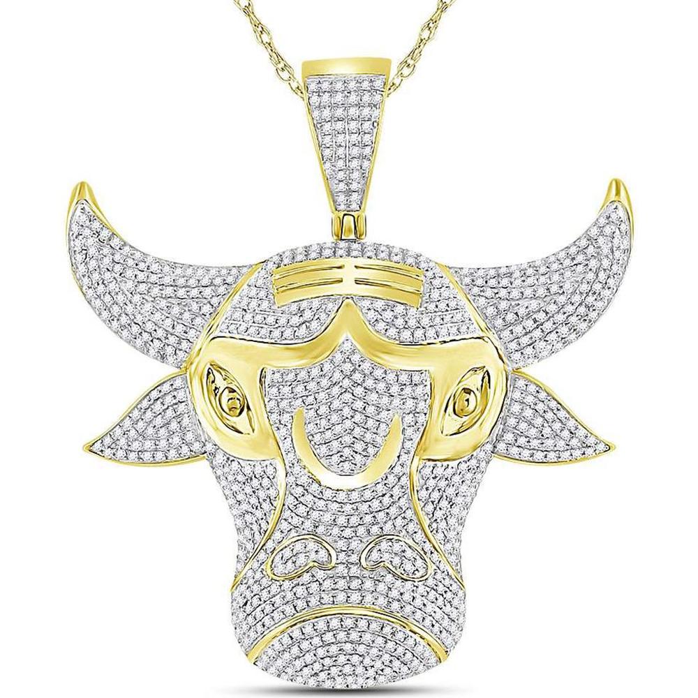 GND 10K Yellow Gold Bulls Charm Pendant with Pave Set Round Diamonds - 2 Carat Total Diamond Weight