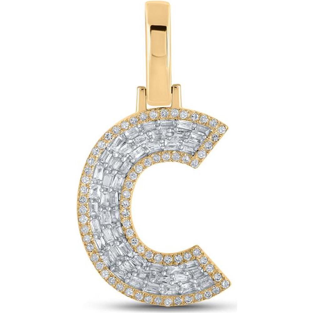 GND 10K Yellow Gold "C" Initial Letter Charm Pendant with Prong-Set Baguette and Round Diamonds - 3/8 Carat Total Diamond Weight