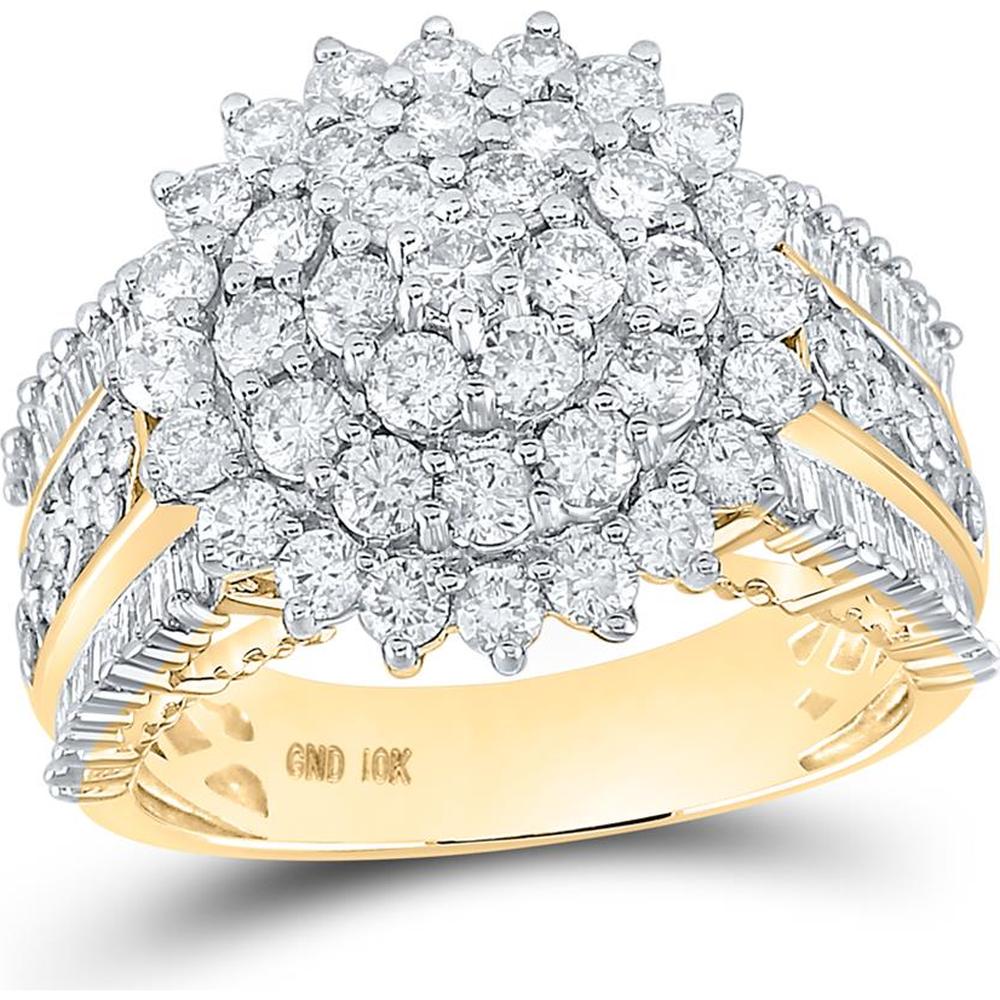 GND 10K Yellow Gold Cluster Ring with Prong-Set Round Diamonds and Channel-Set Baguette Diamonds - 2.00 Carat Total Diamond Weight