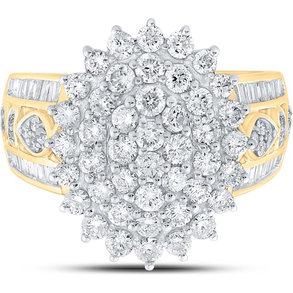 GND 10K Yellow Gold Cluster Ring with Prong-Set Round Diamonds and Channel-Set Baguette Diamonds - 2.00 Carat Total Diamond Weight