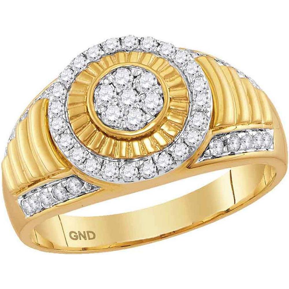 GND 10K Yellow Gold Concentric Circle Ribbed Ring with Prong-Set Round Diamonds - 3/4 Carat Total Weight