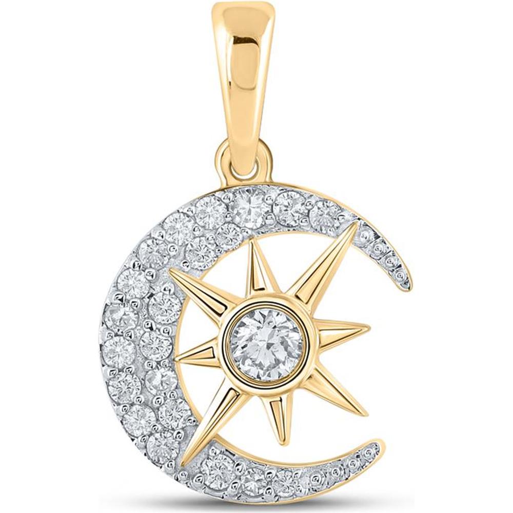 GND 10K Yellow Gold Crescent Moon and Star Pendant with Bezel-Set and Prong-Set Round Diamonds - 0.25 Carat Total Diamond Weight