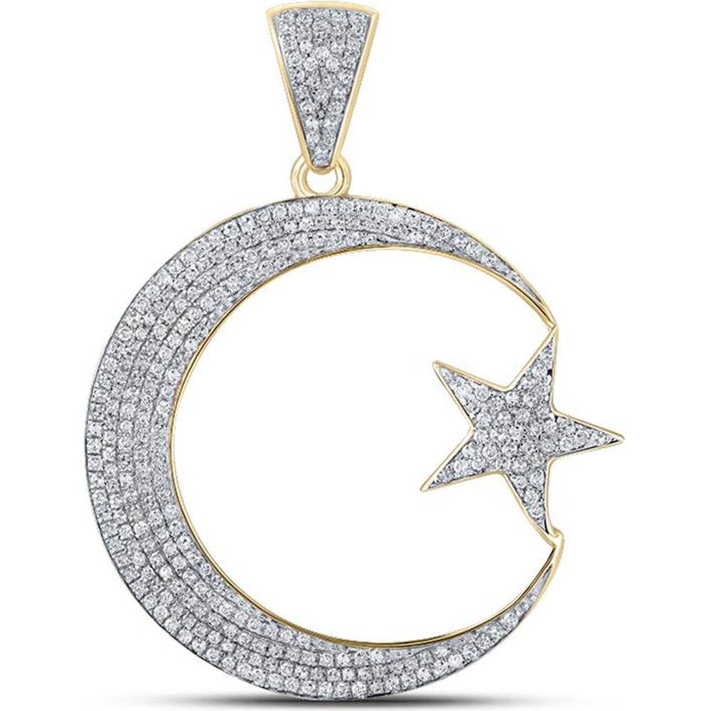GND 10K Yellow Gold Crescent Moon and Star Pendant with Pave-Set Round Diamonds - 0.75 Carat Total Diamond Weight