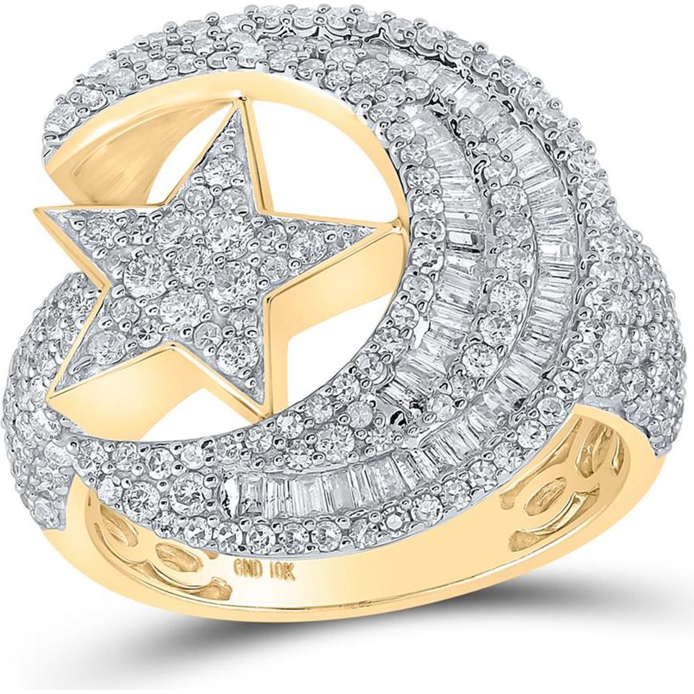 GND 10K Yellow Gold Crescent Moon and Star Ring with Channel Set Baguette and Prong Set Round Diamonds - 2-1/3 Carat Total Diamond Weight