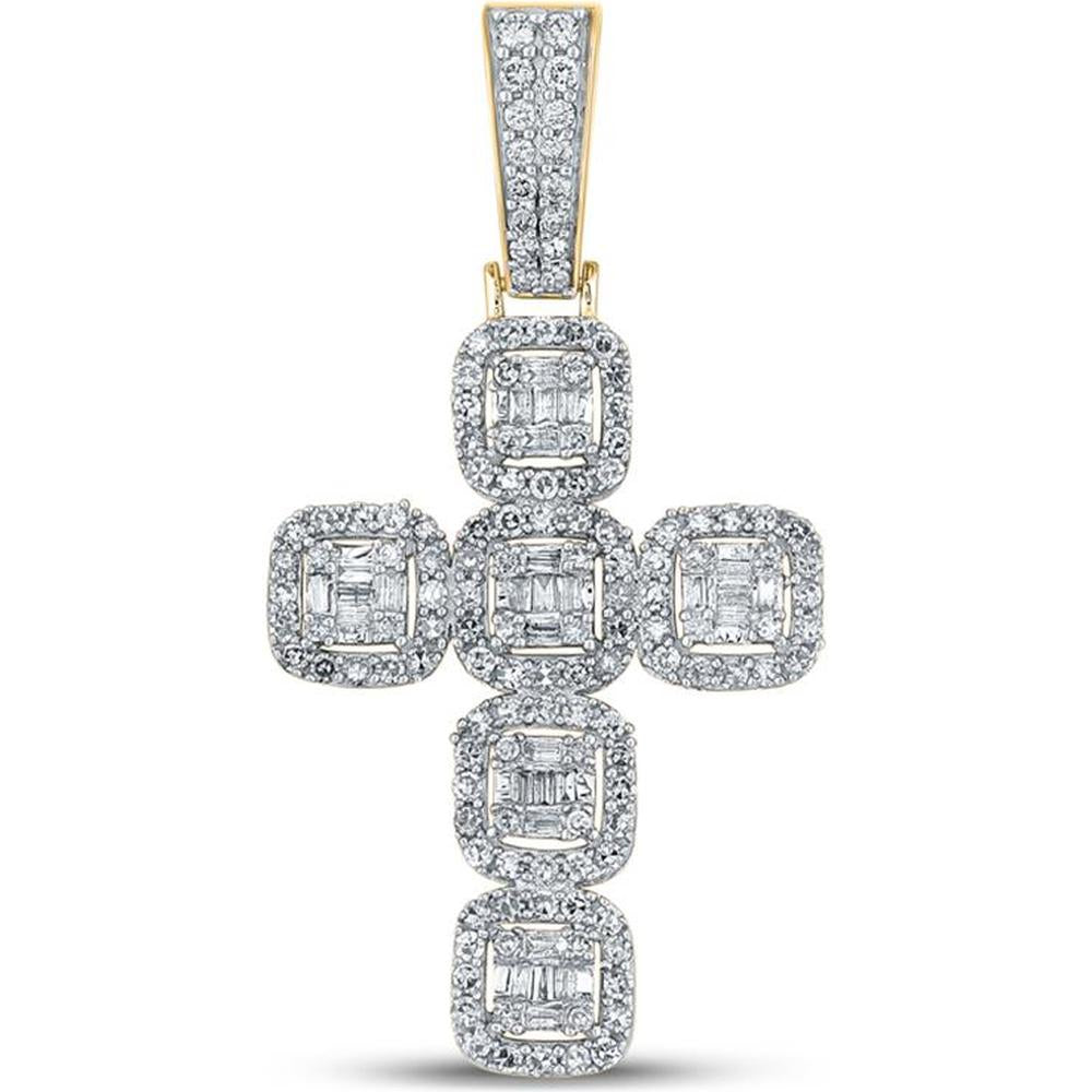 GND 10K Yellow Gold Cross Pendant with Baguette and Round Diamonds - 1.33 Carat Total Diamond Weight