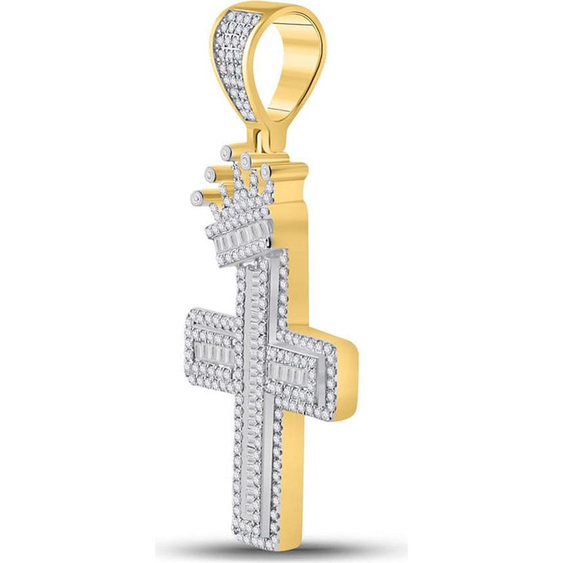 GND 10K Yellow Gold Cross Pendant with Baguette and Round Prong-Set Diamonds – 2 Carat Total Diamond Weight