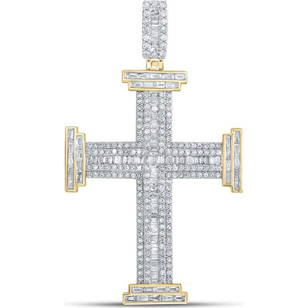GND 10K Yellow Gold Cross Pendant with Channel-Set Baguette and Prong-Set Round Diamonds - 1.74 Carat Total Diamond Weight
