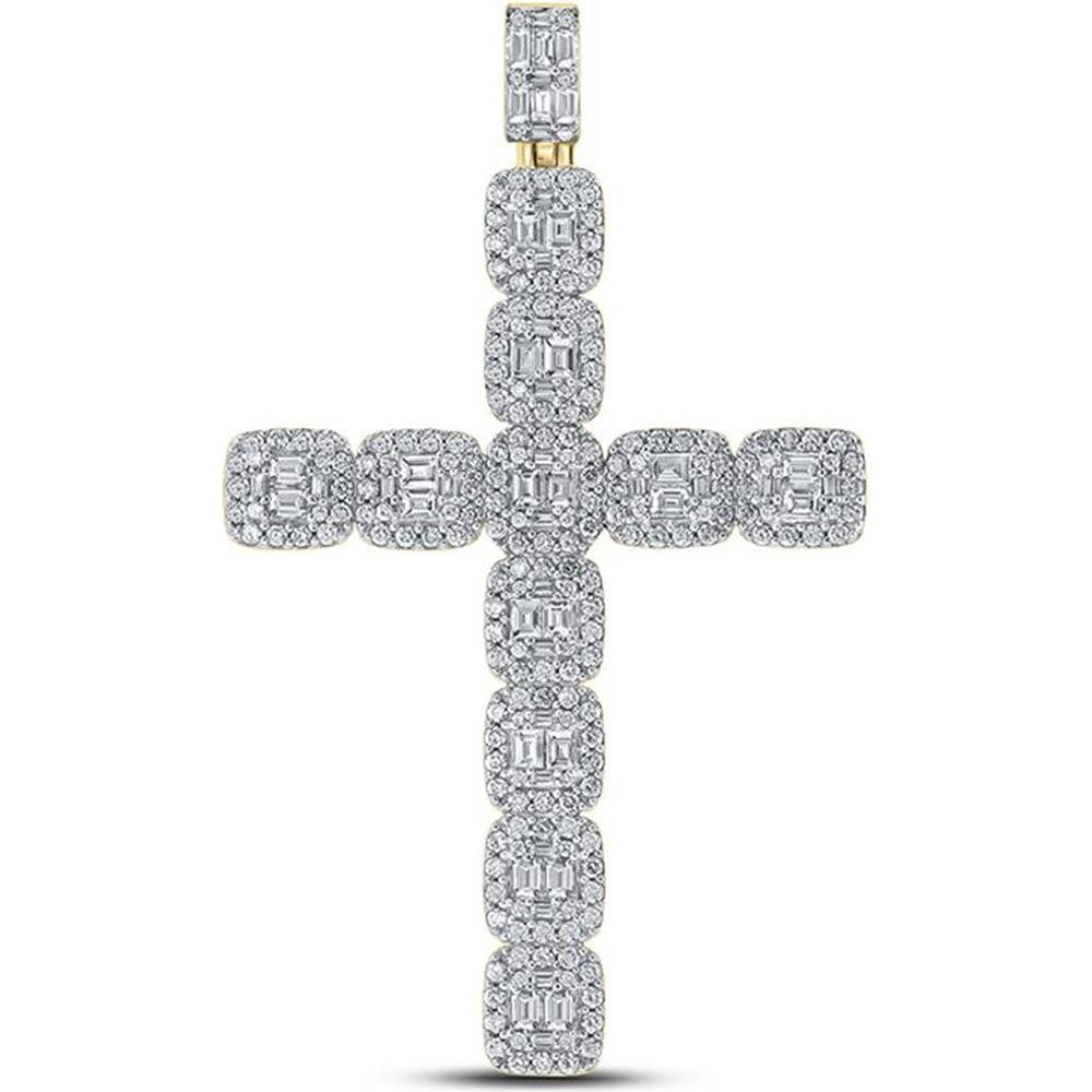 GND 10K Yellow Gold Cross Pendant with Channel Set Baguette and Round Diamonds - 3.33 Carat Total Diamond Weight