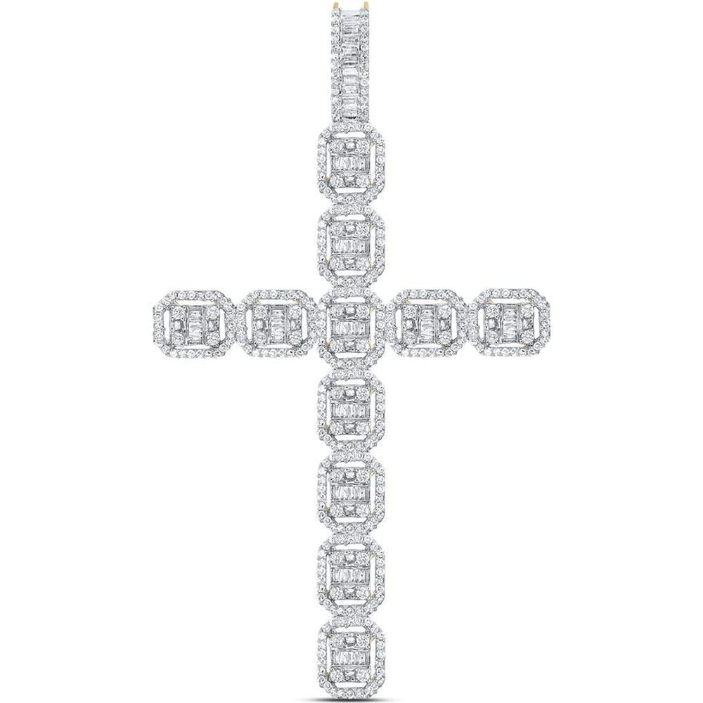 GND 10K Yellow Gold Cross Pendant with Channel-Set Baguette and Round Prong-Set Diamonds - 2-1/3 Carat Total Diamond Weight
