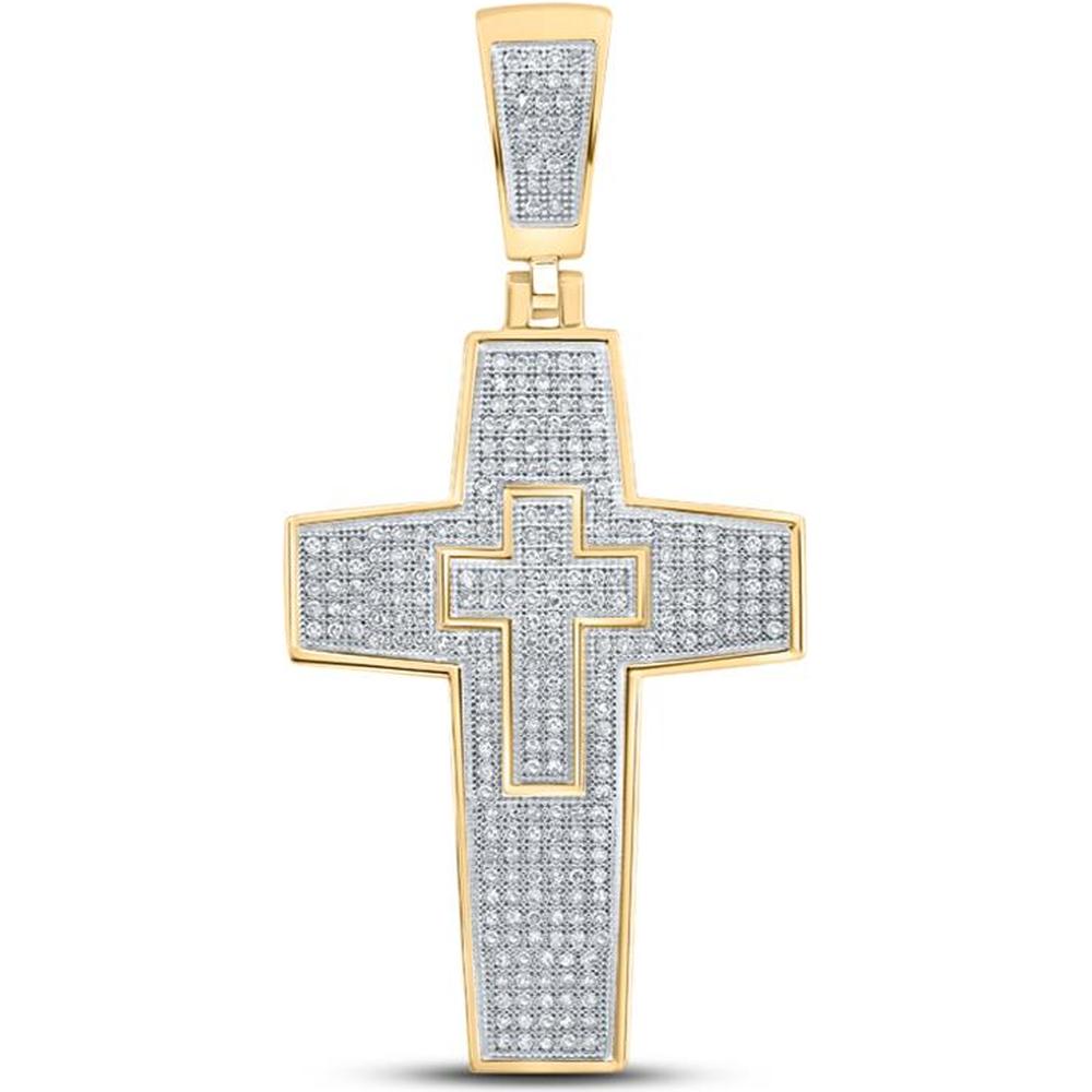GND 10K Yellow Gold Cross Pendant with Illusion-Set Round Diamonds - 0.75 Carat Total Diamond Weight