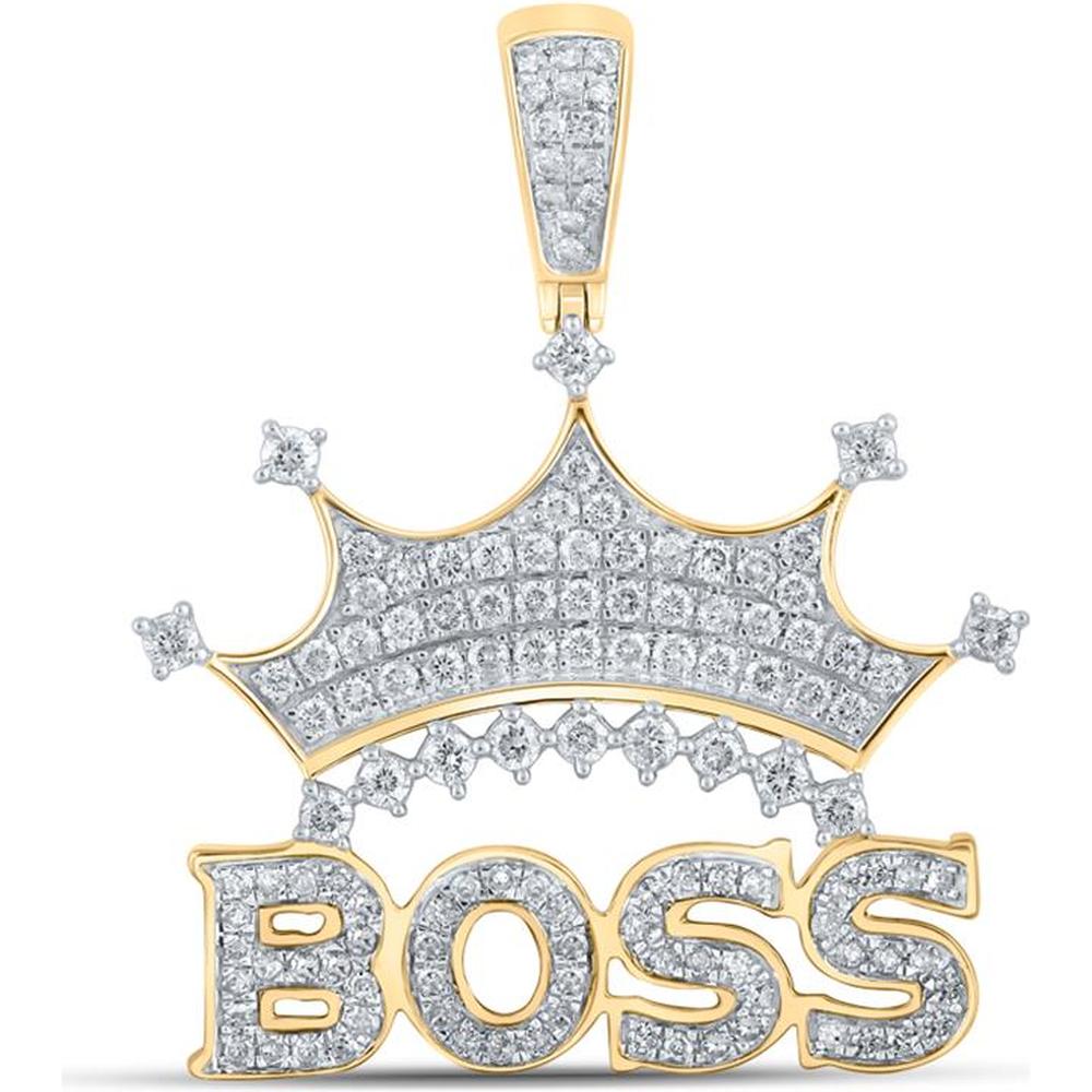 GND 10K Yellow Gold Crown and Boss Phrase Pendant with Round Diamonds - 1.00 Carat Total Diamond Weight