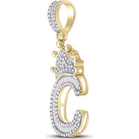 GND 10K Yellow Gold Crown C Letter Pendant with Channel-Set Baguette and Pave-Set Round Diamonds - 0.65 Carat Total Diamond Weight