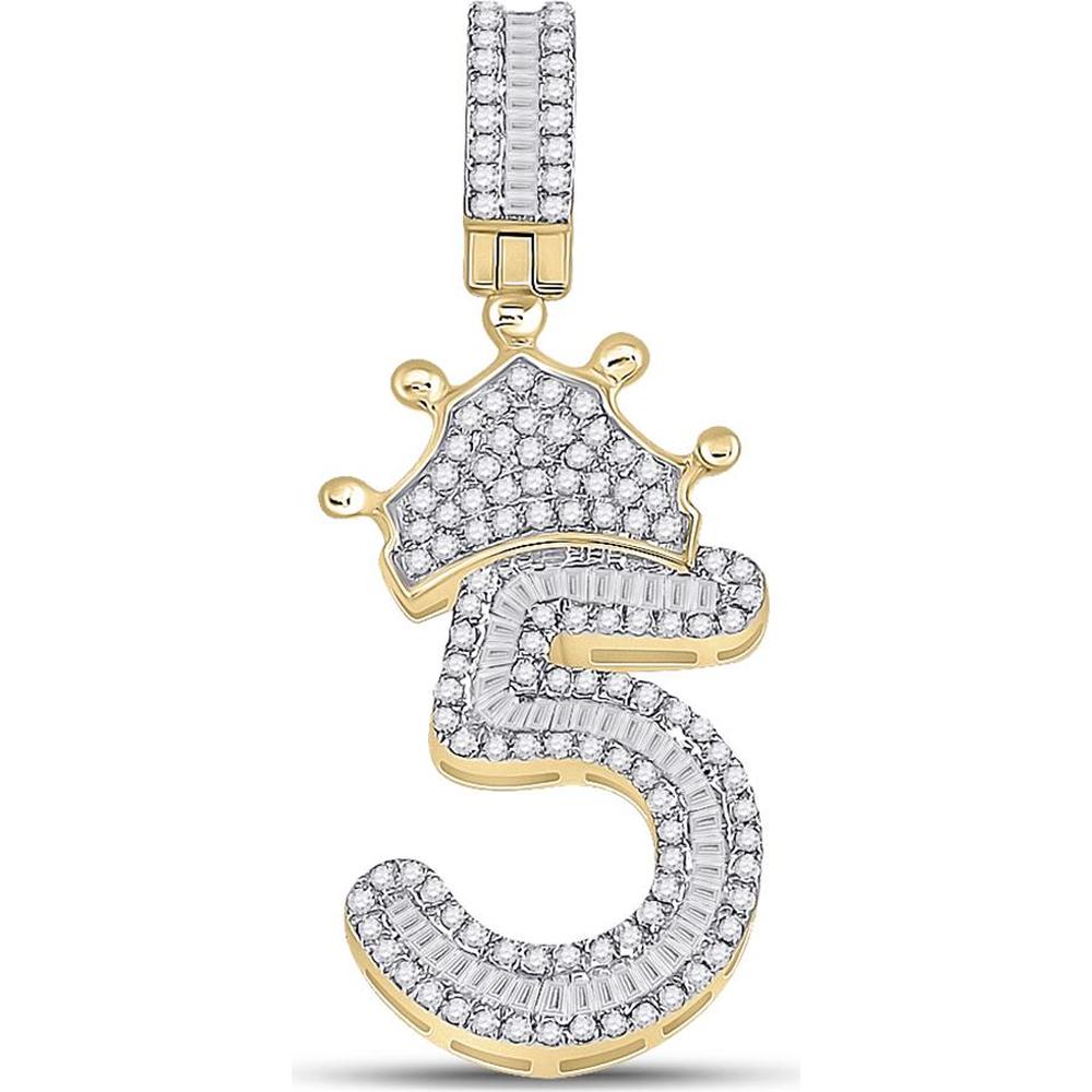 GND 10K Yellow Gold Crown Charm Pendant with Channel and Pave-Set Baguette and Round Diamonds - 0.75 Carat Total Diamond Weight