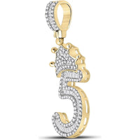 GND 10K Yellow Gold Crown Charm Pendant with Channel and Pave-Set Baguette and Round Diamonds - 0.75 Carat Total Diamond Weight