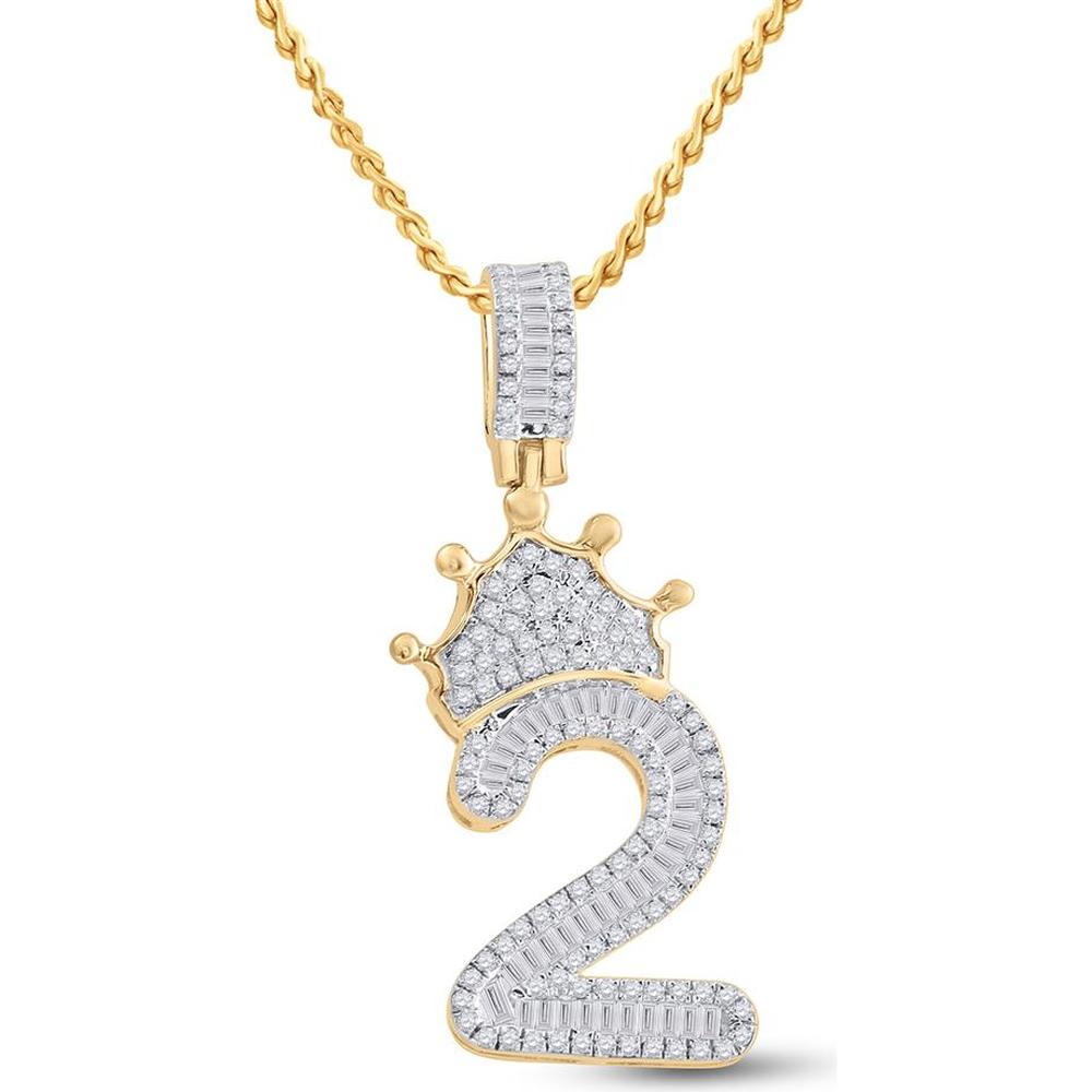 GND 10K Yellow Gold Crown Charm Pendant with Channel-Set Baguette and Pave-Set Round Diamonds - 0.70 Carat Total Diamond Weight